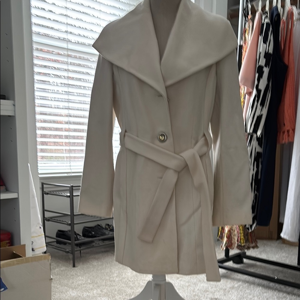 Calvin Klein Cream Pea Coat with Shawl Collar and Belt